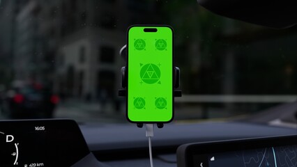  A phone with a green mockup screen is mounted on a car's window. The setup suggests hands-free...