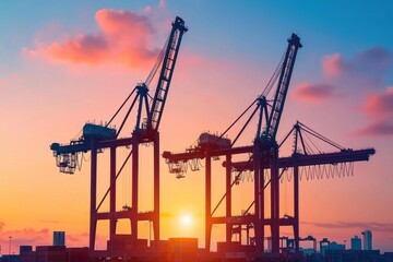 Obraz premium Sunset Silhouette of Industrial Cranes at Harbor Port Cargo Shipping Logistics