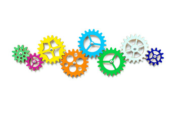 Top view of gears connected together as a symbol of teamwork and business automation
