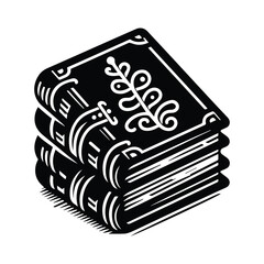 A black and white illustration depicting a book with a plant emerging from its pages, symbolizing growth and knowledge.