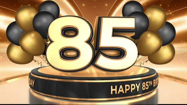 85 years, 85th birthday loop, looped video background, backdrop in 3D Gold with balloons
