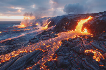 Photo of a volcano with the surface of lava flowing in the background. During the volcanic eruption.