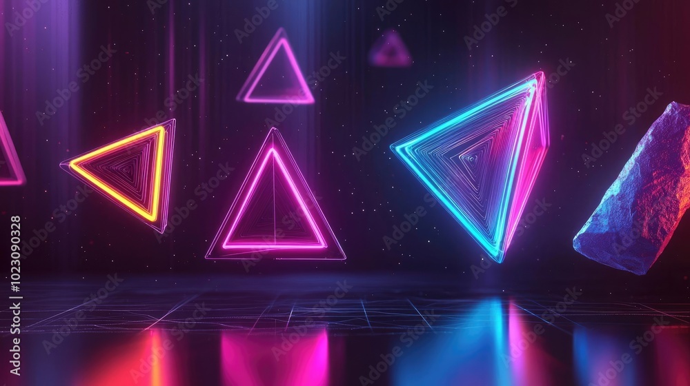Poster vibrant neon geometric shapes in a futuristic space create a bold visual impact. perfect for tech or