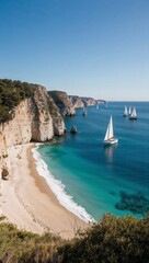 Scenic cliffside beach with clear water and sailboats background for invitation or card screensaver