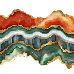 Fototapeta premium Colorful agate slice with intricate patterns and gold accents, white isolated background.