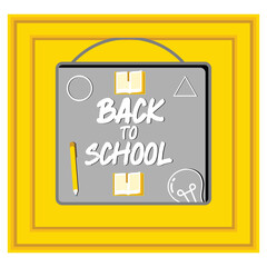   Back to school text in chalkboard element with light bulb and pen educational elements. Flat vector modern illustration