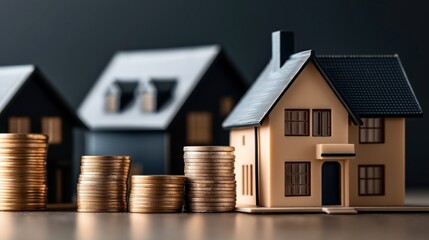 Stacks of coins in front of miniature house models representing real estate investment and property finance concepts on a dark background.