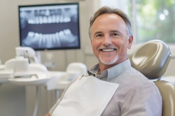 Smiling man sitting in dental office after treatment.