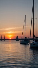 Sunset over calm water with sailing boats background for invitation or card screensaver