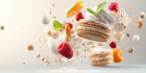 Obraz premium Delicious macarons with fresh fruits and mint, creating a visually stunning and colorful dessert explosion.