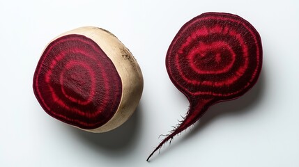 Sliced beetroot showing vibrant red and purple concentric rings on a white background.