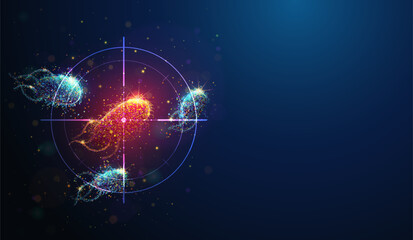 Abstract illustration of target on malicious red bacteria cell made of glowing neon particles. Blue geometric background depicting antibiotic treatment healtcare medical concept