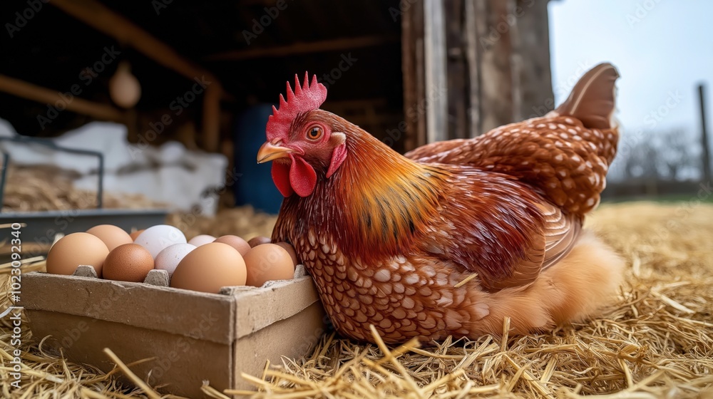 Poster A brown chicken sits on straw next to a carton of mixed brown and white eggs inside a rustic barn environment.