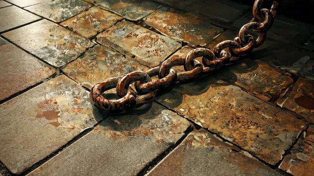 A rusty chain lays on a worn stone floor, casting a shadow in the afternoon sun