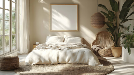 Cozy bedroom with natural light, plants, and minimal decor.