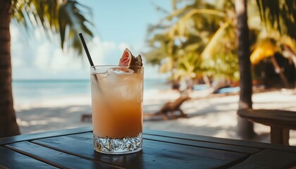 A cocktail on a table by a tropical beach