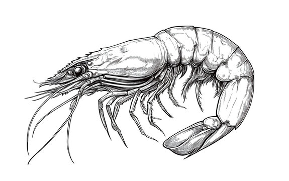 recommend clip art: Seafood, shrimp prawn. Vintage retro print, black white seafood shrimp prawn sketch ink pencil style drawing, linear drawing, engrave old school. Sketch artwork shrimp prawn, seafood. Illustration
