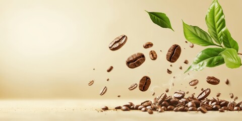 Obraz premium Fresh coffee beans and vibrant leaves create a dynamic scene, highlighting the essence of nature and beverage culture.