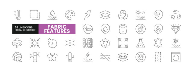 Set of 36 Fabric Features line icons set. Fabric Features outline icons with editable stroke collection. Includes Textile, Wool, Membrane, UV Protection, Cotton, and More.