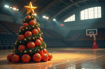 New Year's tree made of basketballs, decorated with fir branches, Christmas balls, gold star. Empty gymnasium in blur. Creative holiday concept, advertising banner,card