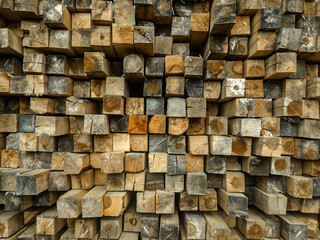 The end part is made of treated wooden beams. A close-up background image of a stack of wooden beams. The beams are stacked neatly with visible ends. A folded bar in a stack. 