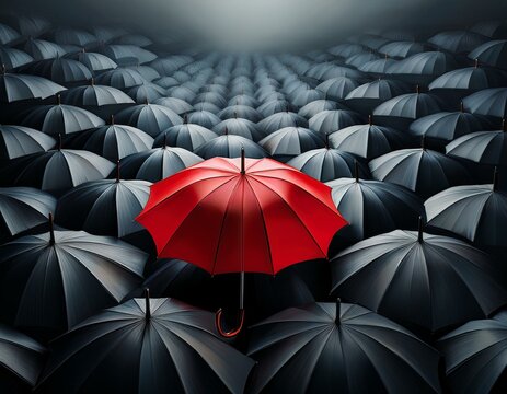 Open Red Umbrella: A brightly colored red umbrella stands out boldly against a backdrop of black umbrellas, representing uniqueness and making a statement