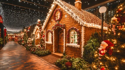 A delightful holiday setting showcasing a gingerbread house at the center, adorned with various festive decorations and twinkling lights, evoking a warm and inviting atmosphere 