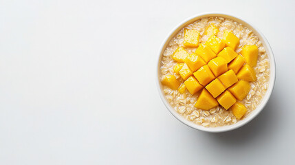 delicious oatmeal porridge with mango is very nutritious and healthy and delicious for breakfast view from above close-up on a white background