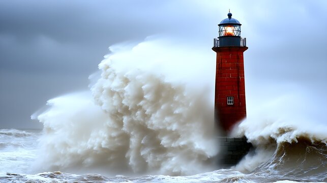 A dramatic scene of powerful waves colliding with a lighthouse, engulfed by stormy seas, highlighting the unstoppable force of nature and the strength of the lighthouse amidst the chaos 