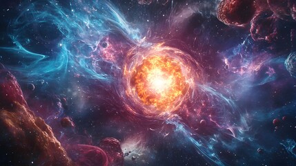 An artistic depiction of nuclear fission, showcasing a central core emitting powerful radiation waves, surrounded by swirling particles and energy bursts against a dark, cosmic backdrop 