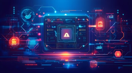 Visual representation of firewalls in cybersecurity, featuring security layers and firewall icons preventing phishing, displayed on a high-tech interface 