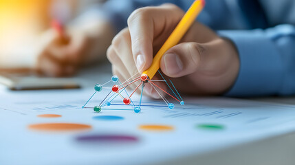 A conceptual representation of business strategy and analytics, featuring intersecting lines and geometric shapes, symbolizing data flow and decision-making processes. 