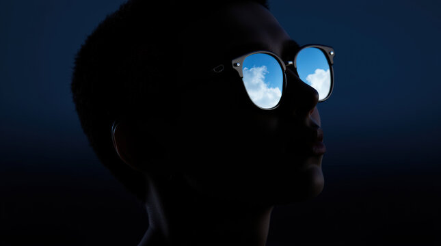 Stylish Silhouette Portrait with Sunglasses Reflection Against Vibrant Colored Background Featuring Trendy, Modern Fashion Concepts and Sky-Cloud Reflections in Eyewear