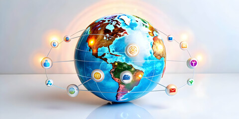 3D Glowing Abstract Globe with Marketing Icons Orbiting | Captivating Visual of Global Marketing Strategies and Interconnectedness in Rotating Icon Design | Isolated on White Background