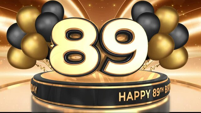 89 years, 89th birthday loop, looped video background, backdrop in 3D Gold with balloons
