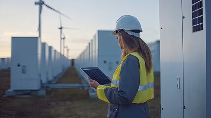 Engineer inspects solar farm with tablet. Photo for website, blog or article about renewable energy and sustainable development.