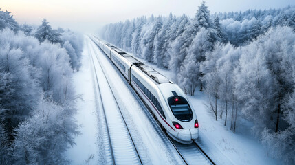 High speed train moving through snowy winter landscape