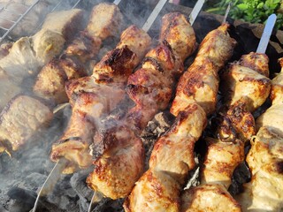 Toasted pieces of meat on metal skewers over hot coals. Delicious shish kebab is fried on the grill. Cooking outdoors
