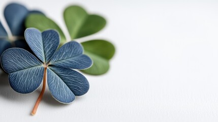 A striking blue-leafed four-leaf clover is juxtaposed against green leaves, signifying contrast and creativity, while emphasizing uniqueness in nature's palette.