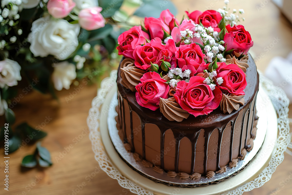 Wall mural  a birthday celebration featuring a chocolate cake and a bouquet of roses, with a simple background 