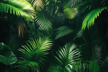 A close-up image of lush, green leaves. This photo can be used as a background for designs related to nature, travel, and tropical themes.
