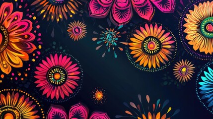 Fototapeta premium Vibrant floral pattern in bold colors, perfect for textiles, wallpapers, or festive decorations. A lively design for creativity.