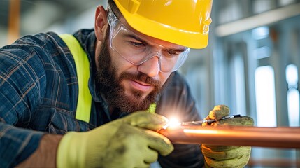 A skilled worker performs precise copper pipe installation in a construction site, showcasing safety gear and attention to detail.