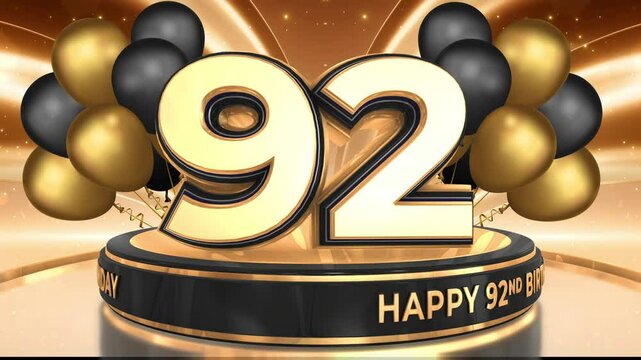 92 years, 92nd birthday loop, looped video background, backdrop in 3D Gold with balloons
