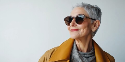 A woman wearing sunglasses and a yellow coat. She is smiling and looking at the camera. Concept of warmth and happiness