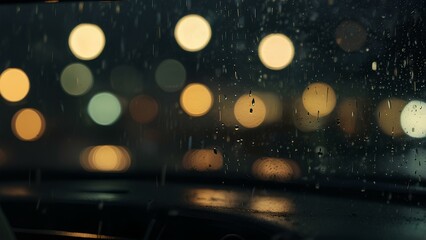 Close-Up of Raindrops on a Car Window: Moody City Night with Blurred Lights in the Background