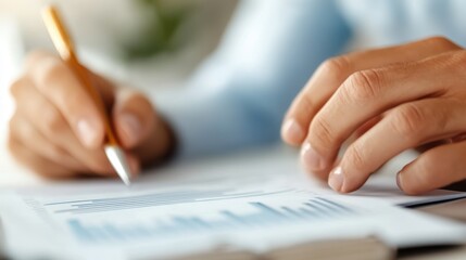 A close-up image of a person's hand holding a pen over a sheet filled with graphs and data, capturing the essence of analysis and business in detailed focus.
