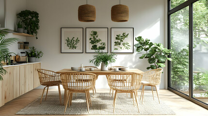 Modern dining area with natural decor and greenery.