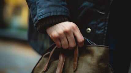 Fototapeta premium Close-up of hand holding brown bag with leather straps, outdoors