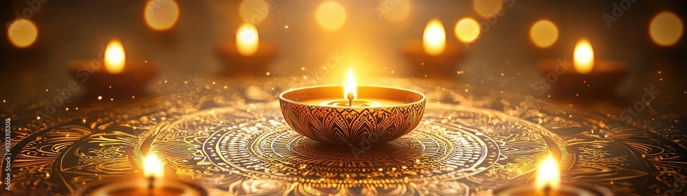 Poster A serene scene of glowing candles on an ornate surface, creating a warm and inviting atmosphere for relaxation and reflection.